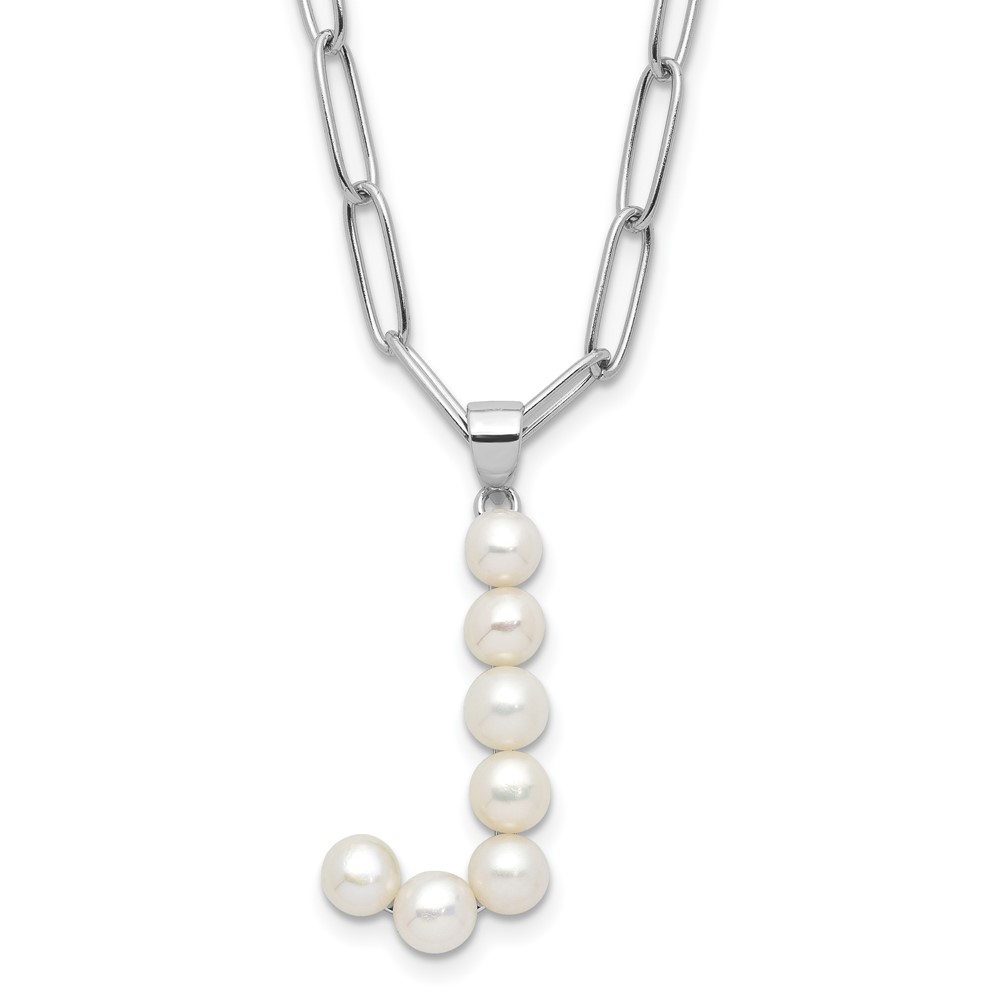 Sterling Silver Rhodium-plated 3-5.5mm White Button Freshwater Cultured Pearl LETTER J 18 inch Necklace (QH5808J-18)