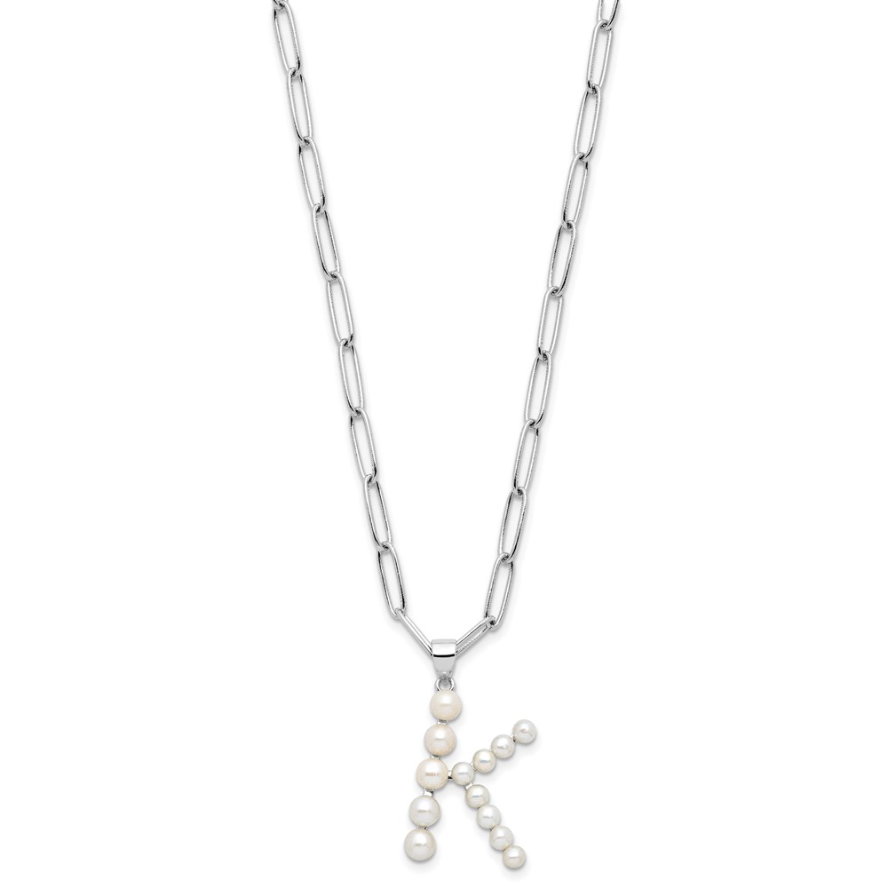 Sterling Silver Rhodium-plated 3-5.5mm White Button Freshwater Cultured Pearl LETTER K 18 inch Necklace (QH5808K-18)