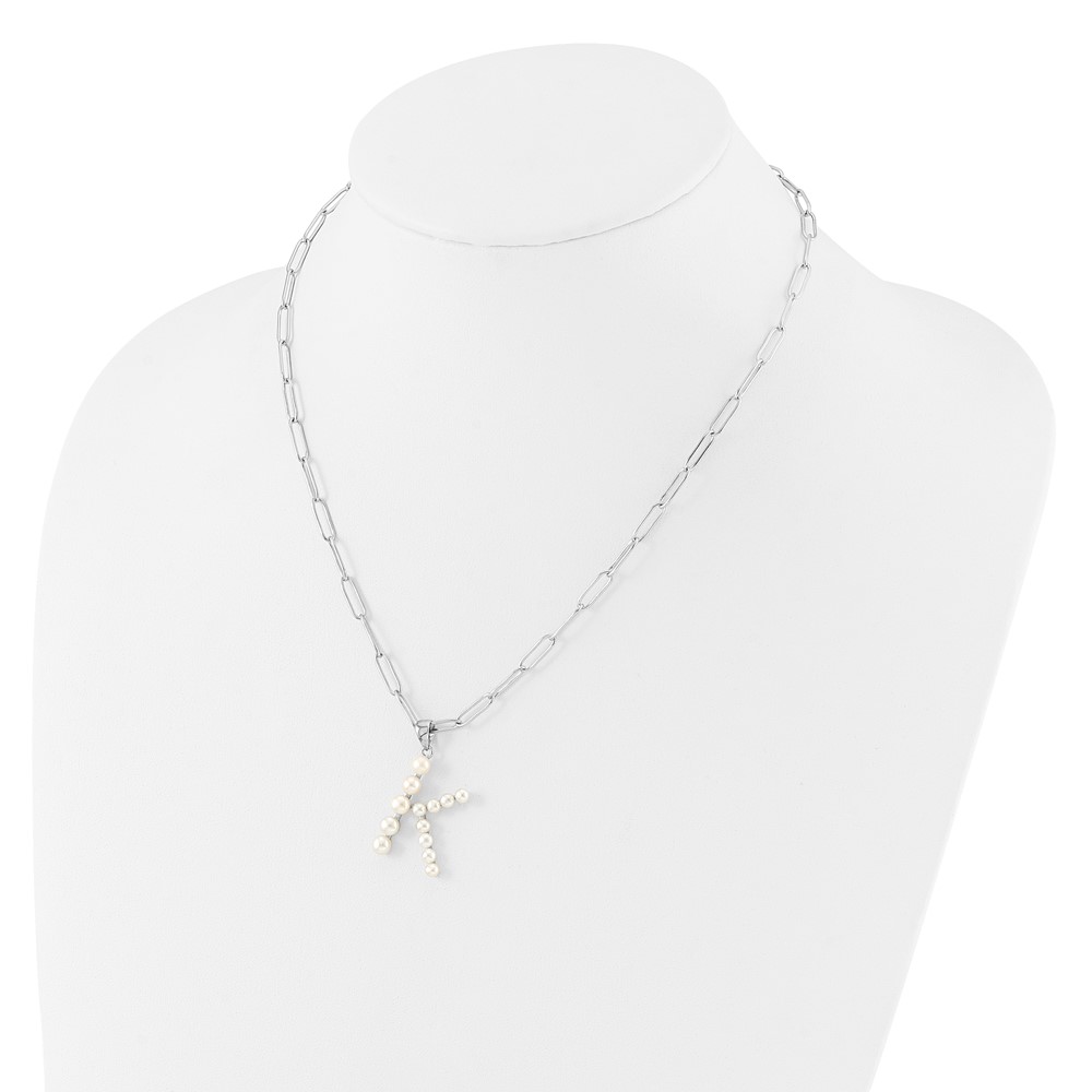 Sterling Silver Rhodium-plated 3-5.5mm White Button Freshwater Cultured Pearl LETTER K 18 inch Necklace (QH5808K-18)