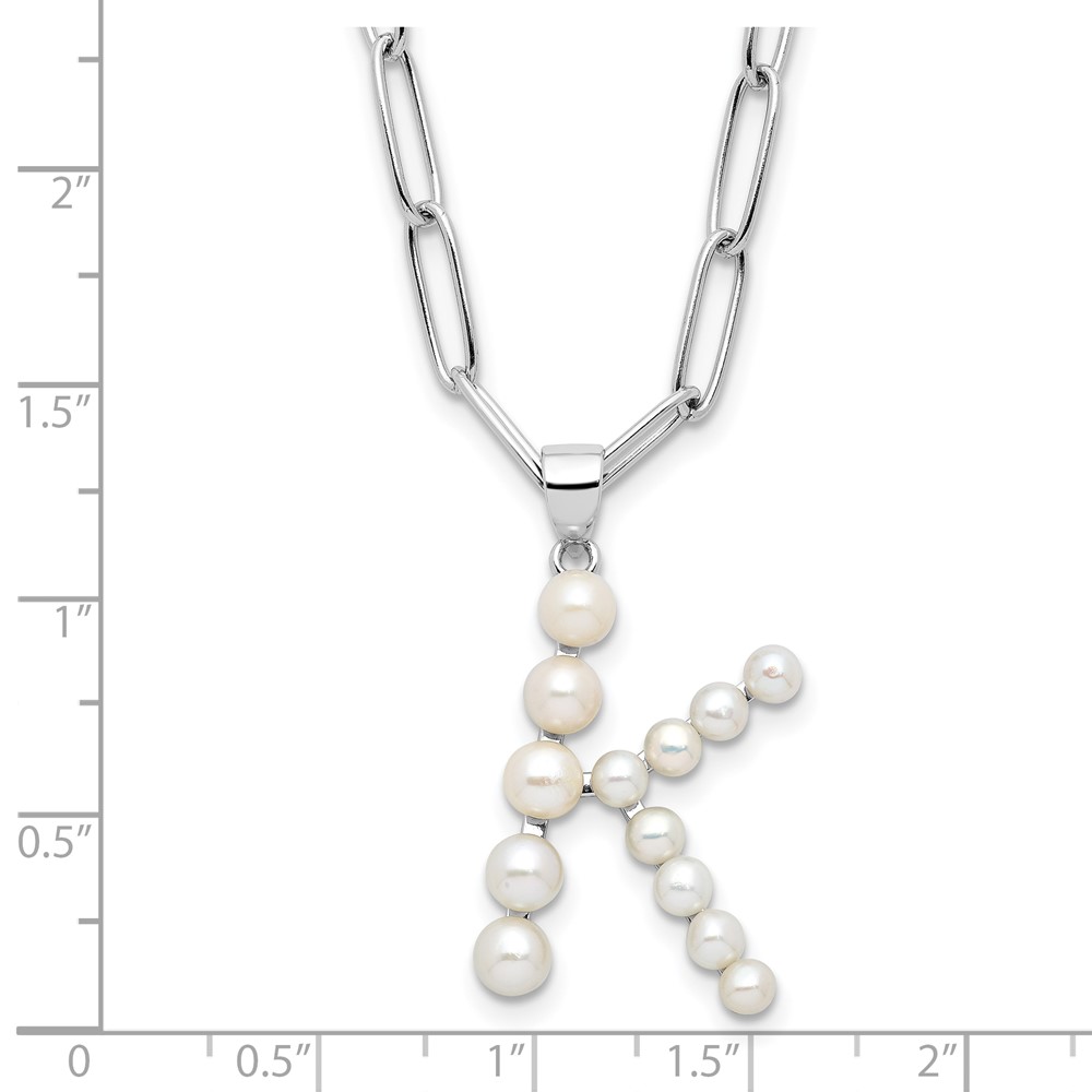 Sterling Silver Rhodium-plated 3-5.5mm White Button Freshwater Cultured Pearl LETTER K 18 inch Necklace (QH5808K-18)