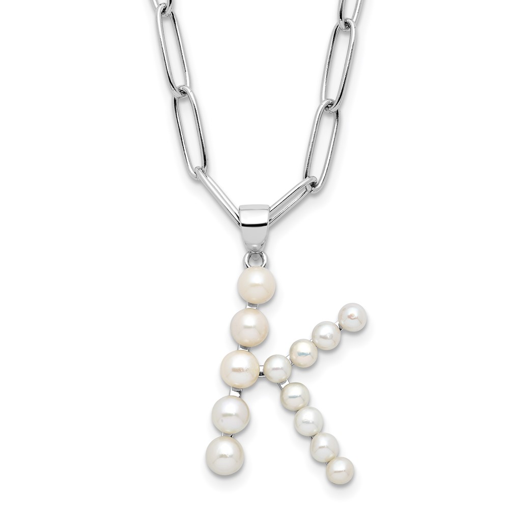 Sterling Silver Rhodium-plated 3-5.5mm White Button Freshwater Cultured Pearl LETTER K 18 inch Necklace (QH5808K-18)