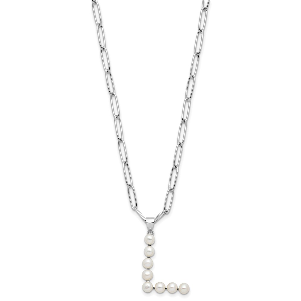 Sterling Silver Rhodium-plated 3-5.5mm White Button Freshwater Cultured Pearl LETTER L 18 inch Necklace (QH5808L-18)