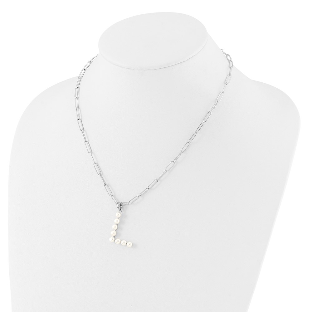 Sterling Silver Rhodium-plated 3-5.5mm White Button Freshwater Cultured Pearl LETTER L 18 inch Necklace (QH5808L-18)