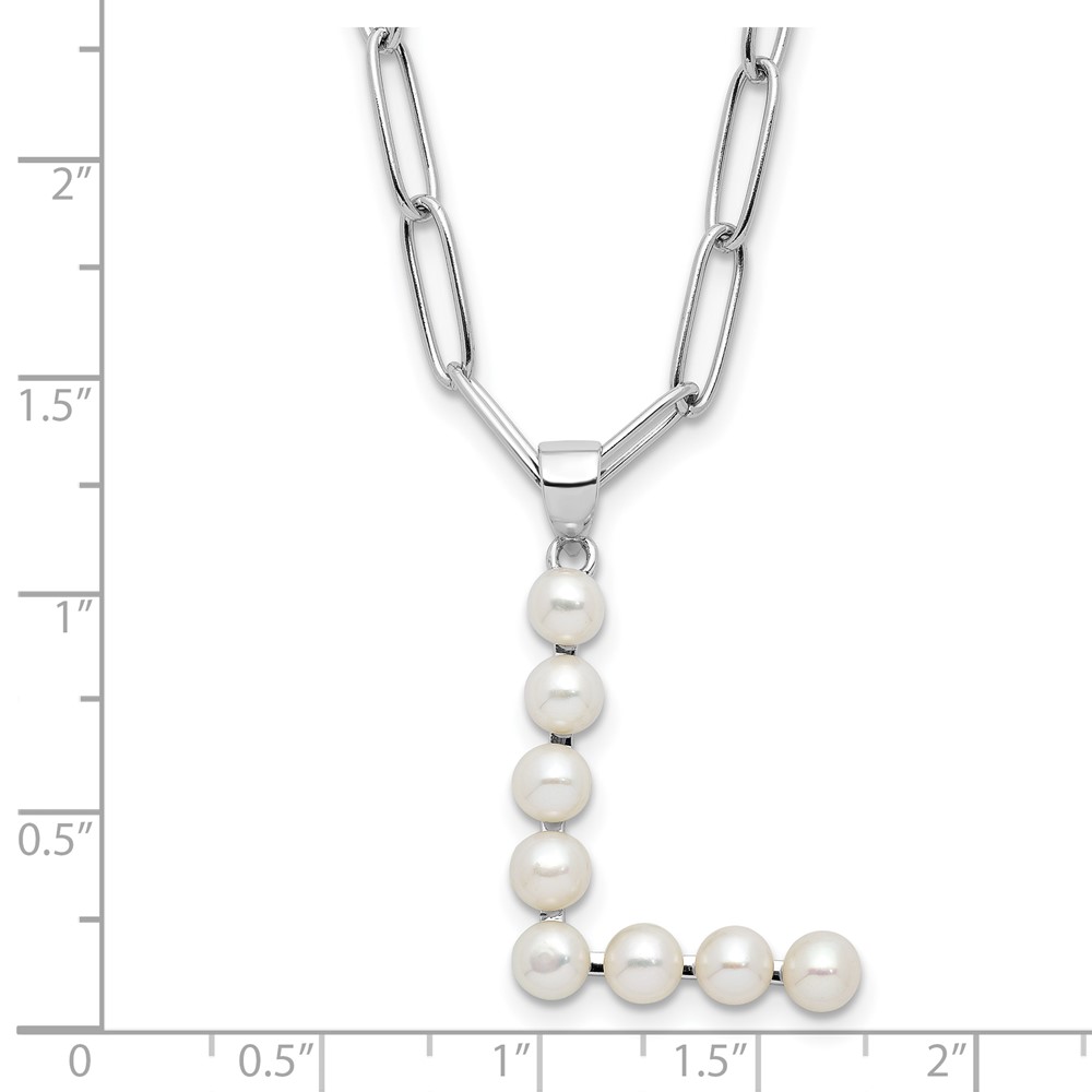 Sterling Silver Rhodium-plated 3-5.5mm White Button Freshwater Cultured Pearl LETTER L 18 inch Necklace (QH5808L-18)
