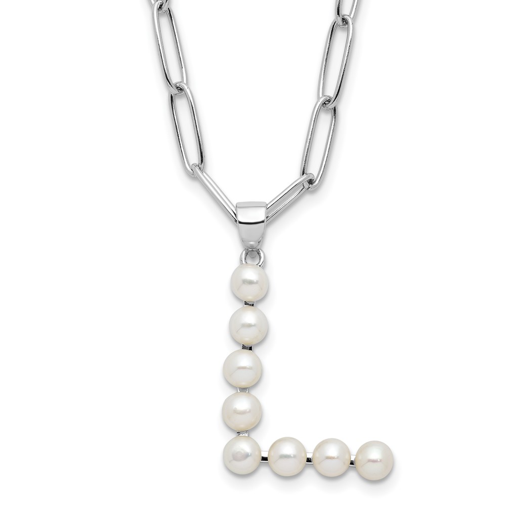 Sterling Silver Rhodium-plated 3-5.5mm White Button Freshwater Cultured Pearl LETTER L 18 inch Necklace (QH5808L-18)
