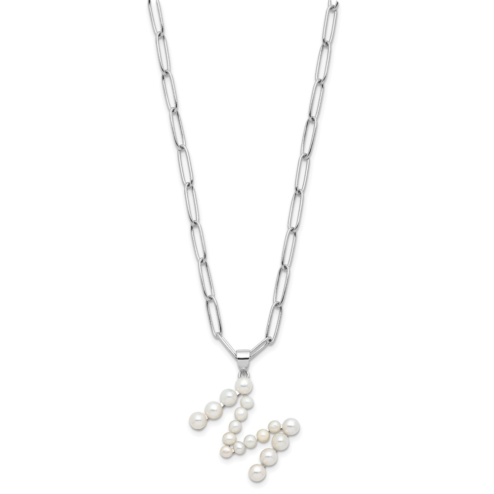 Sterling Silver Rhodium-plated 3-5.5mm White Button Freshwater Cultured Pearl LETTER M 18 inch Necklace (QH5808M-18)