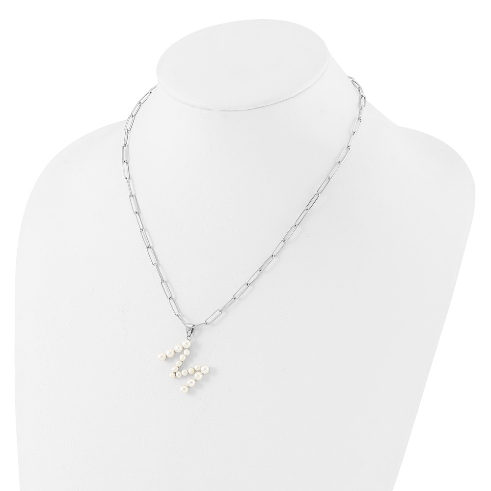 Sterling Silver Rhodium-plated 3-5.5mm White Button Freshwater Cultured Pearl LETTER M 18 inch Necklace (QH5808M-18)