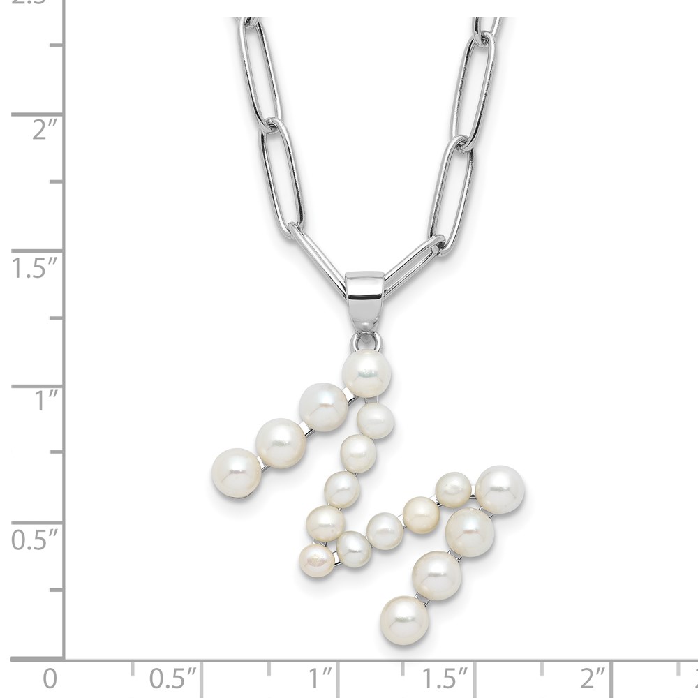 Sterling Silver Rhodium-plated 3-5.5mm White Button Freshwater Cultured Pearl LETTER M 18 inch Necklace (QH5808M-18)