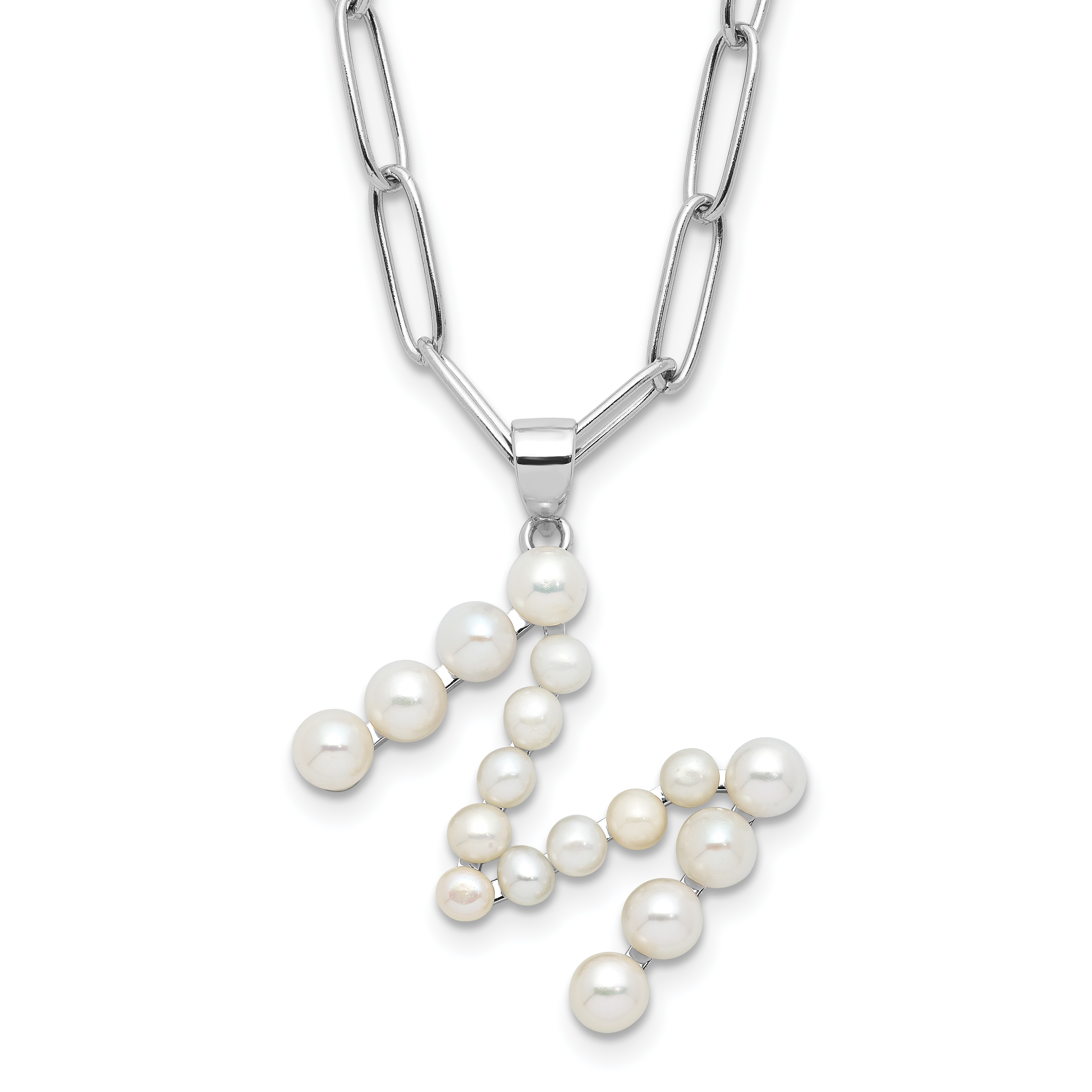 Sterling Silver Rhodium-plated 3-5.5mm White Button Freshwater Cultured Pearl LETTER M 18 inch Necklace (QH5808M-18)