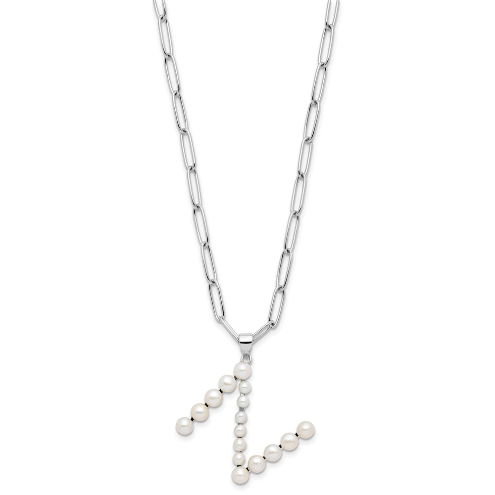 Sterling Silver Rhodium-plated 3-5.5mm White Button Freshwater Cultured Pearl LETTER N 18 inch Necklace (QH5808N-18)