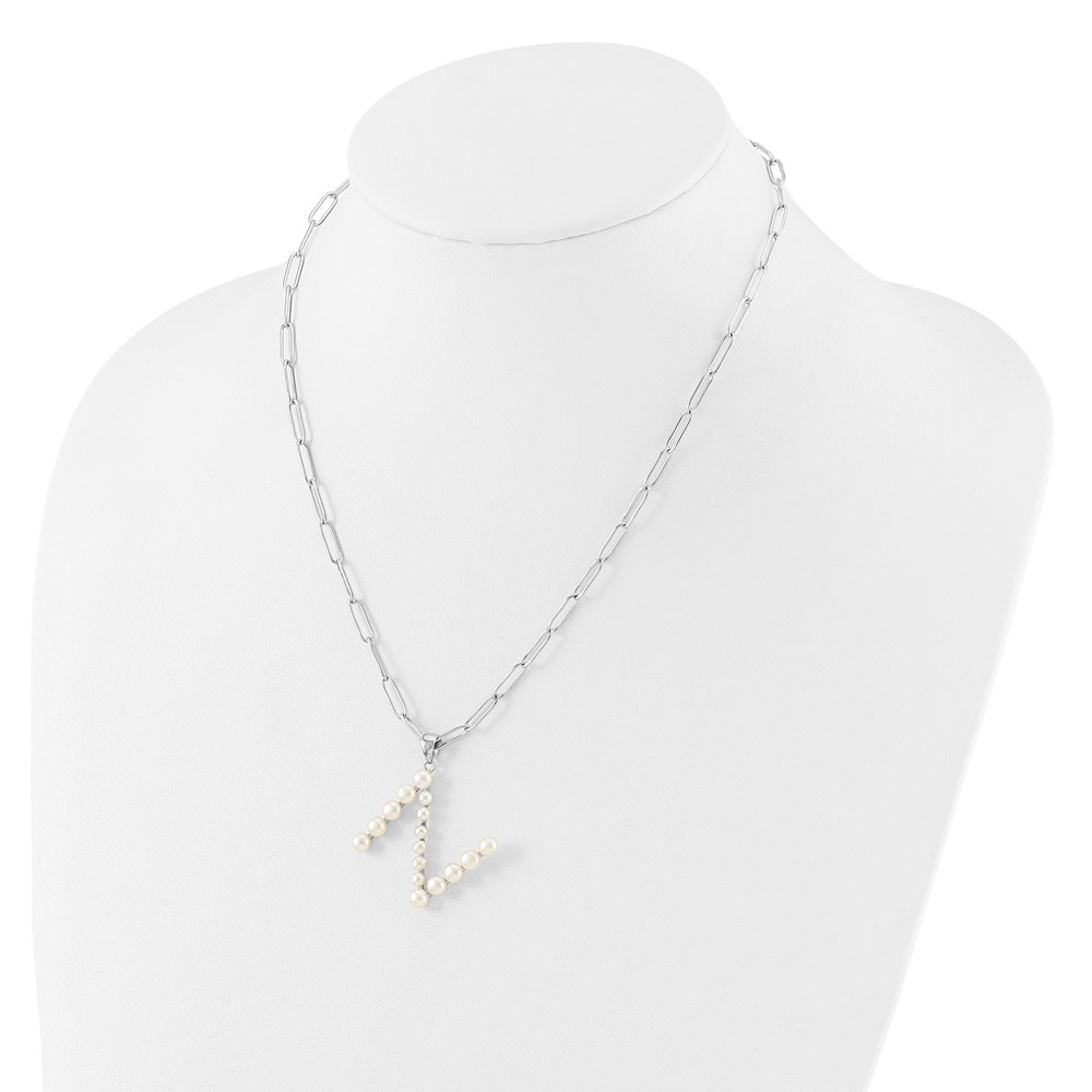 Sterling Silver Rhodium-plated 3-5.5mm White Button Freshwater Cultured Pearl LETTER N 18 inch Necklace (QH5808N-18)