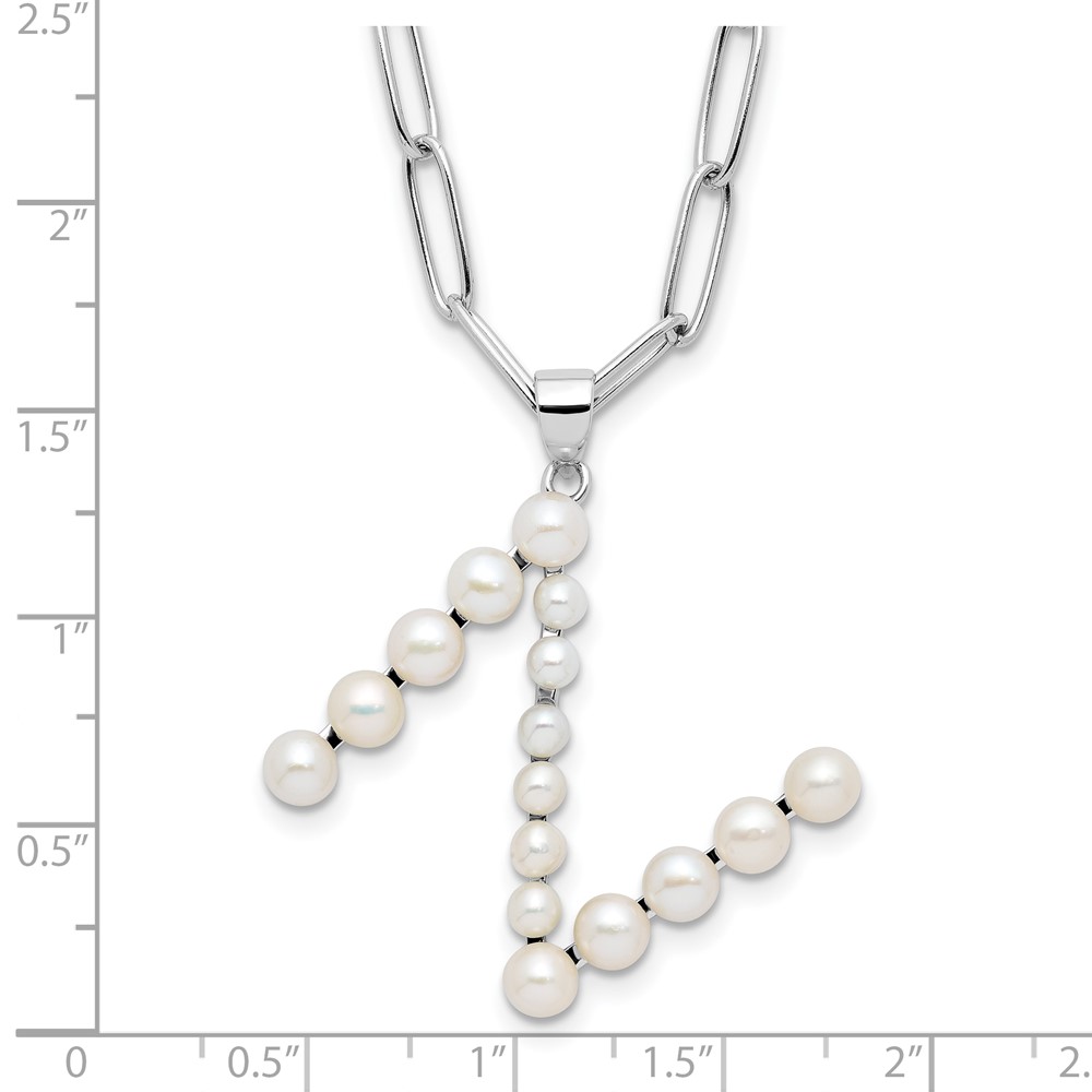 Sterling Silver Rhodium-plated 3-5.5mm White Button Freshwater Cultured Pearl LETTER N 18 inch Necklace (QH5808N-18)