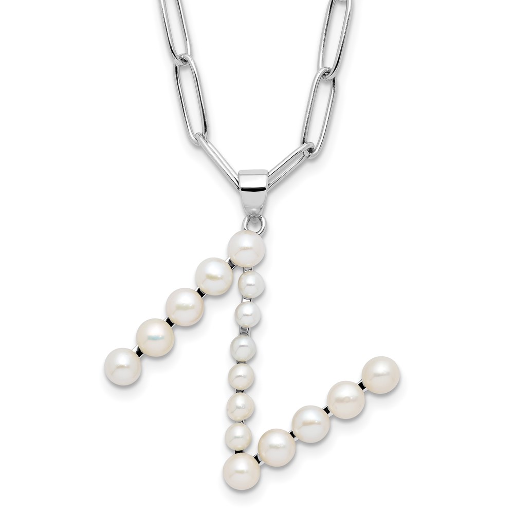 Sterling Silver Rhodium-plated 3-5.5mm White Button Freshwater Cultured Pearl LETTER N 18 inch Necklace (QH5808N-18)