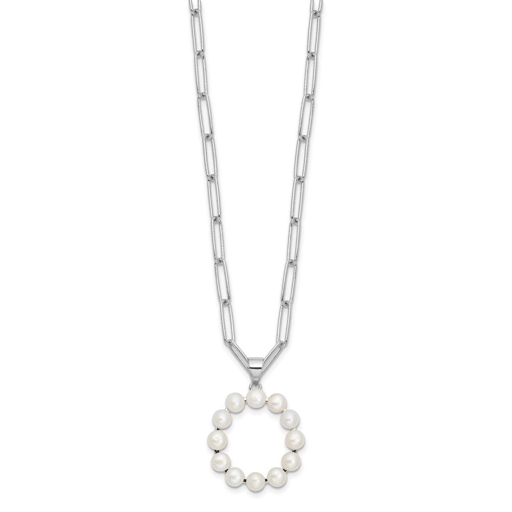 Sterling Silver Rhodium-plated 3-5.5mm White Button Freshwater Cultured Pearl LETTER O 18 inch Necklace (QH5808O-18)