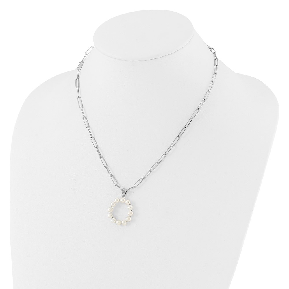 Sterling Silver Rhodium-plated 3-5.5mm White Button Freshwater Cultured Pearl LETTER O 18 inch Necklace (QH5808O-18)