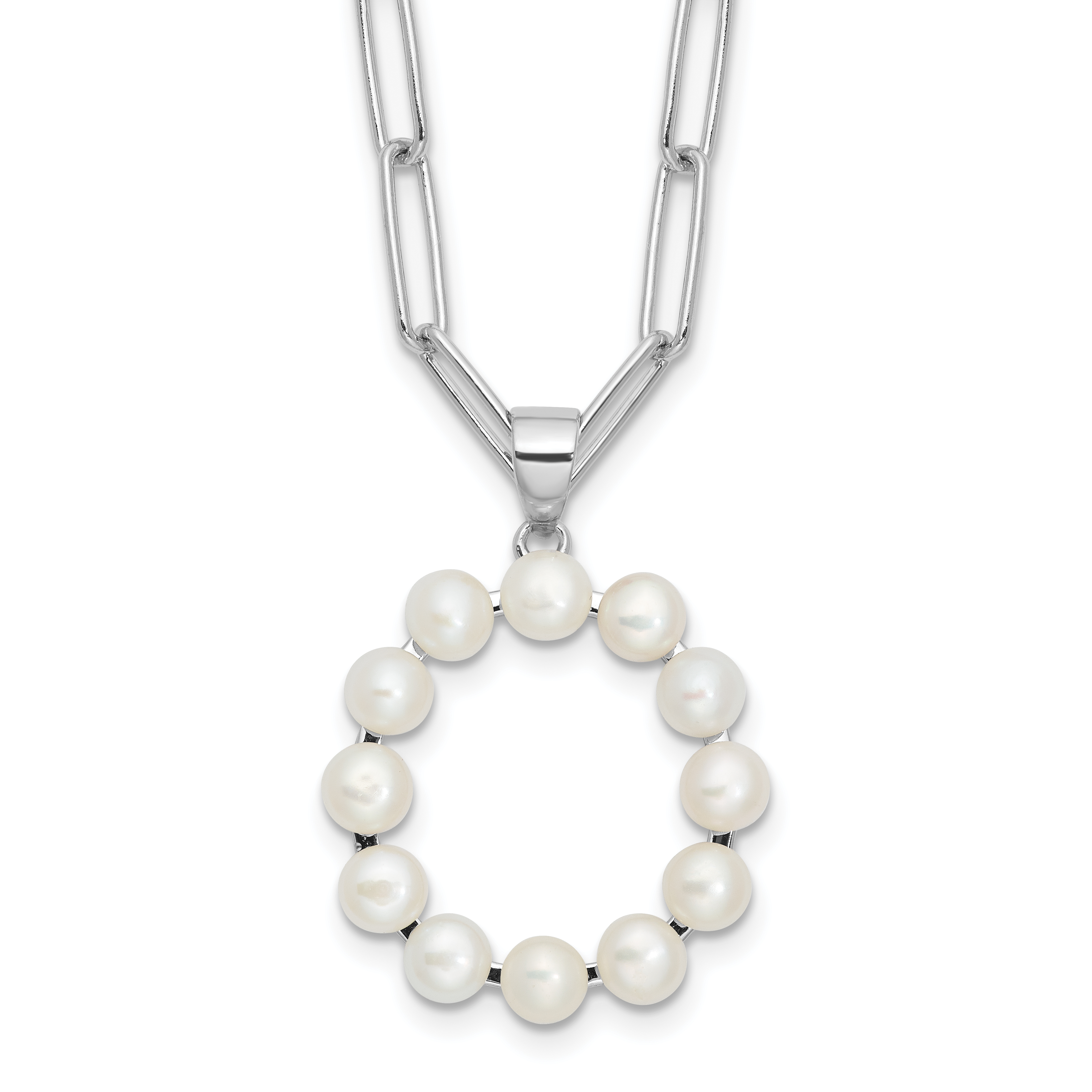 Sterling Silver Rhodium-plated 3-5.5mm White Button Freshwater Cultured Pearl LETTER O 18 inch Necklace (QH5808O-18)