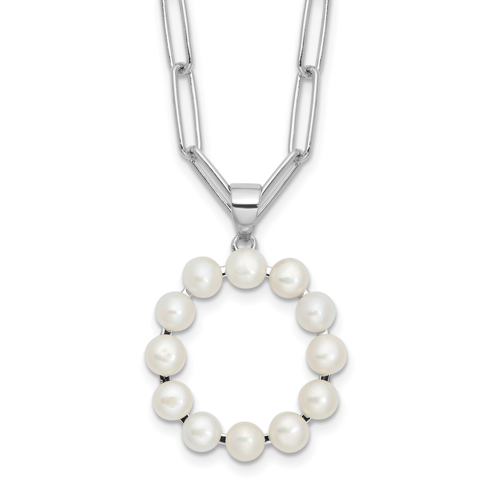 Sterling Silver Rhodium-plated 3-5.5mm White Button Freshwater Cultured Pearl LETTER O 18 inch Necklace (QH5808O-18)