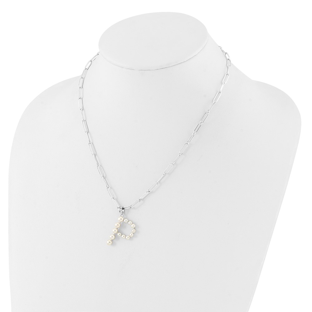 Sterling Silver Rhodium-plated 3-5.5mm White Button Freshwater Cultured Pearl LETTER P 18 inch Necklace (QH5808P-18)