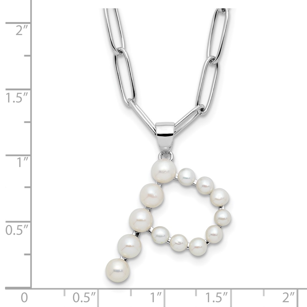 Sterling Silver Rhodium-plated 3-5.5mm White Button Freshwater Cultured Pearl LETTER P 18 inch Necklace (QH5808P-18)
