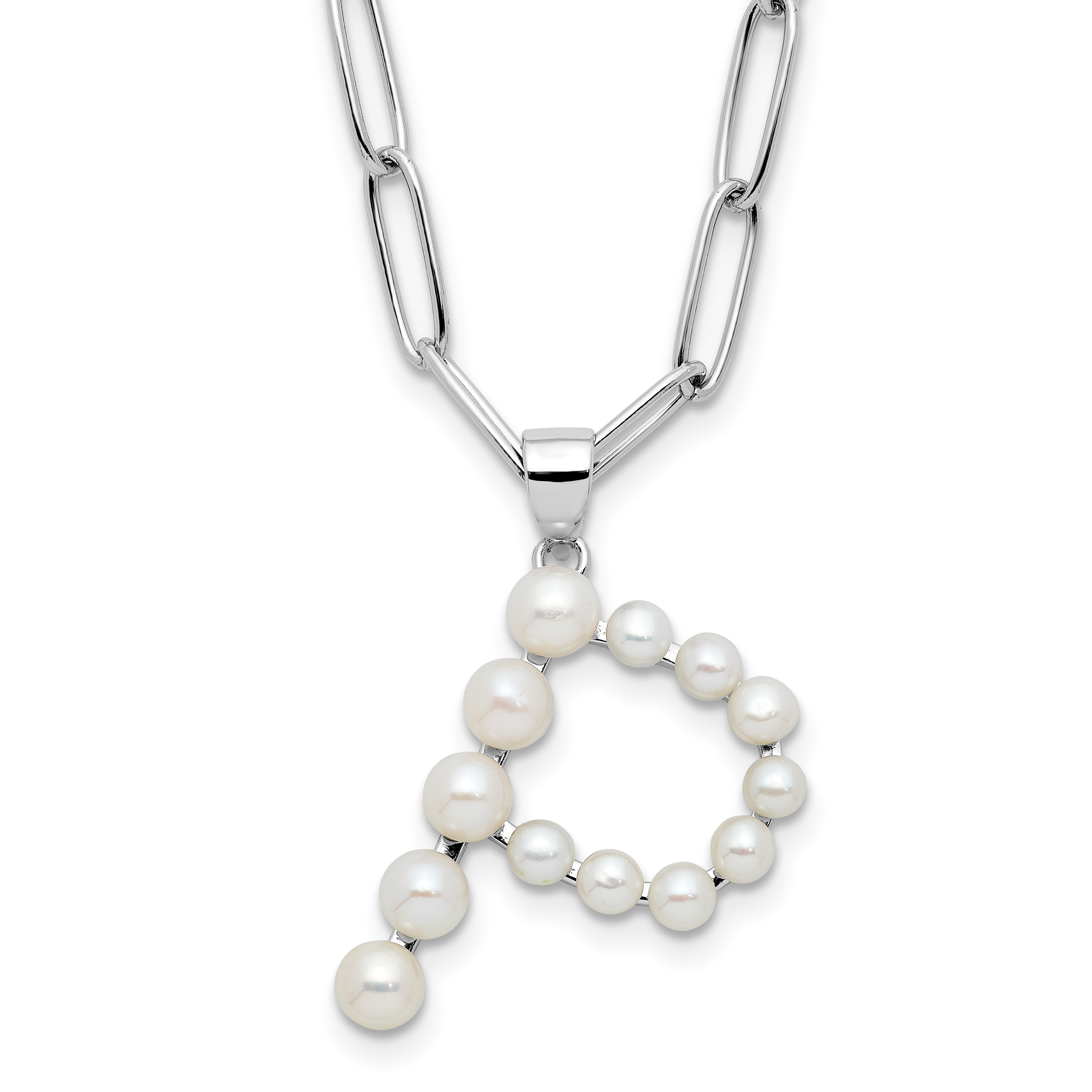 Sterling Silver Rhodium-plated 3-5.5mm White Button Freshwater Cultured Pearl LETTER P 18 inch Necklace (QH5808P-18)