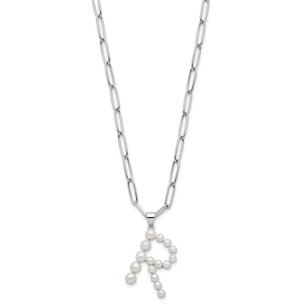 Sterling Silver Rhodium-plated 3-5.5mm White Button Freshwater Cultured Pearl LETTER R 18 inch Necklace (QH5808R-18)