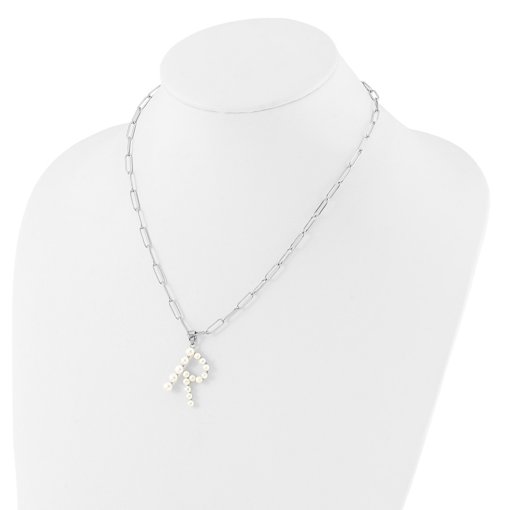 Sterling Silver Rhodium-plated 3-5.5mm White Button Freshwater Cultured Pearl LETTER R 18 inch Necklace (QH5808R-18)