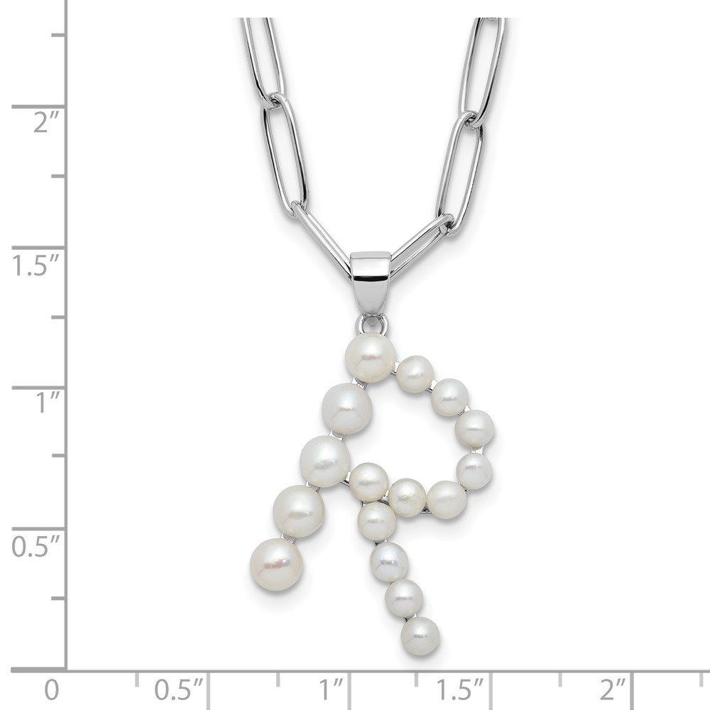 Sterling Silver Rhodium-plated 3-5.5mm White Button Freshwater Cultured Pearl LETTER R 18 inch Necklace (QH5808R-18)