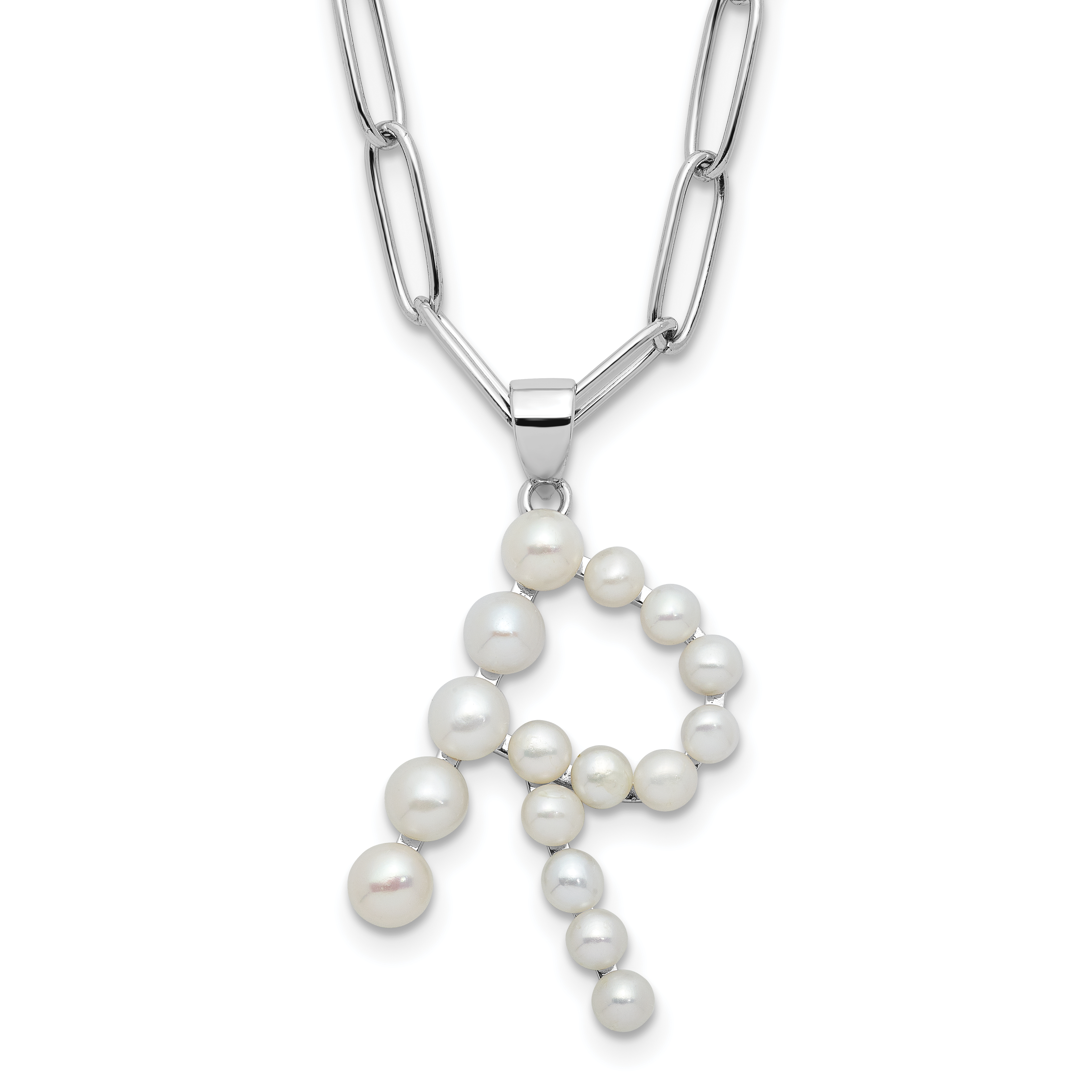 Sterling Silver Rhodium-plated 3-5.5mm White Button Freshwater Cultured Pearl LETTER R 18 inch Necklace (QH5808R-18)