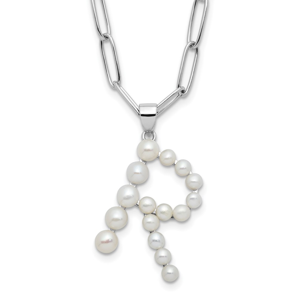 Sterling Silver Rhodium-plated 3-5.5mm White Button Freshwater Cultured Pearl LETTER R 18 inch Necklace (QH5808R-18)