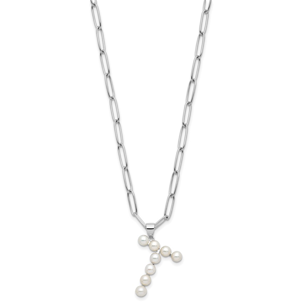 Sterling Silver Rhodium-plated 3-5.5mm White Button Freshwater Cultured Pearl LETTER T 18 inch Necklace (QH5808T-18)
