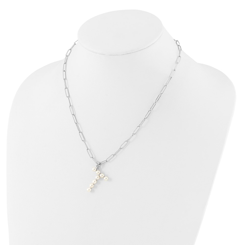 Sterling Silver Rhodium-plated 3-5.5mm White Button Freshwater Cultured Pearl LETTER T 18 inch Necklace (QH5808T-18)