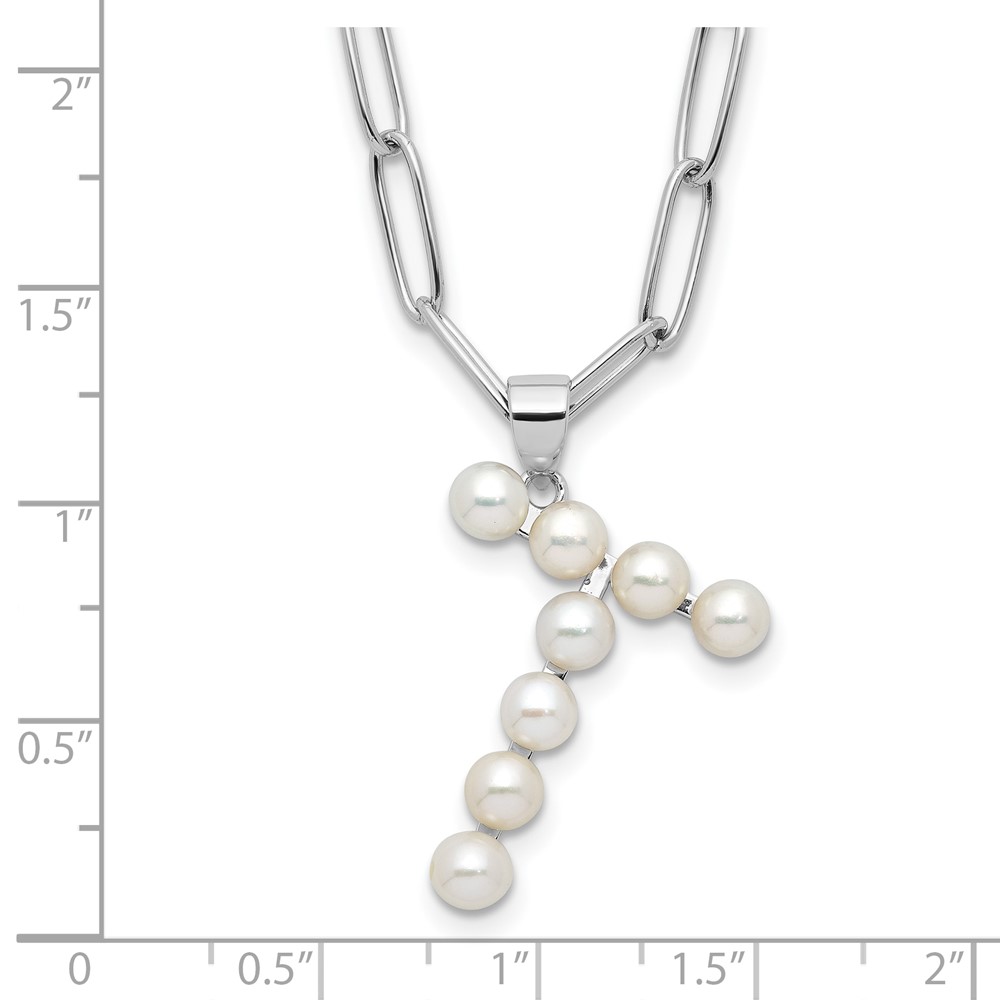 Sterling Silver Rhodium-plated 3-5.5mm White Button Freshwater Cultured Pearl LETTER T 18 inch Necklace (QH5808T-18)