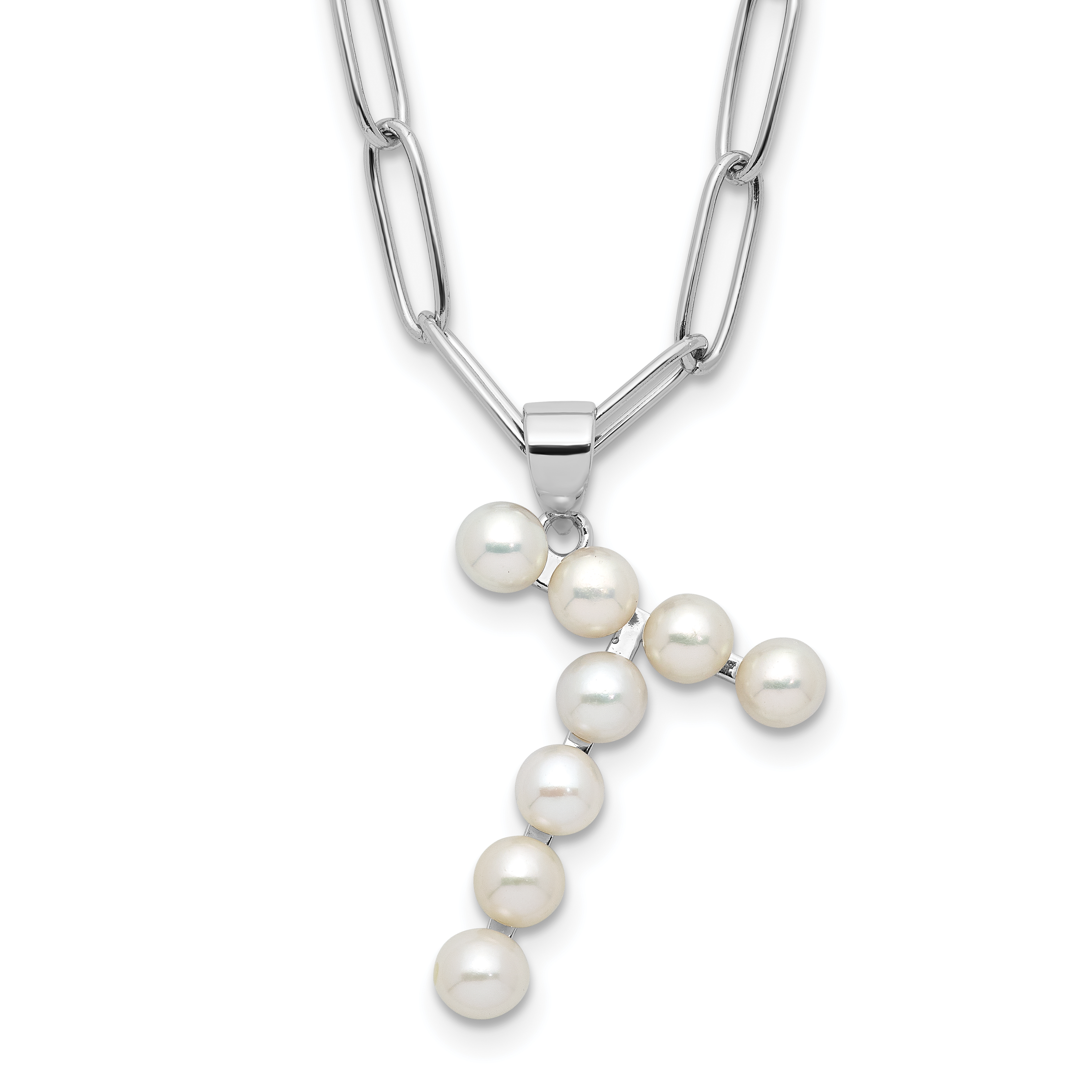 Sterling Silver Rhodium-plated 3-5.5mm White Button Freshwater Cultured Pearl LETTER T 18 inch Necklace (QH5808T-18)