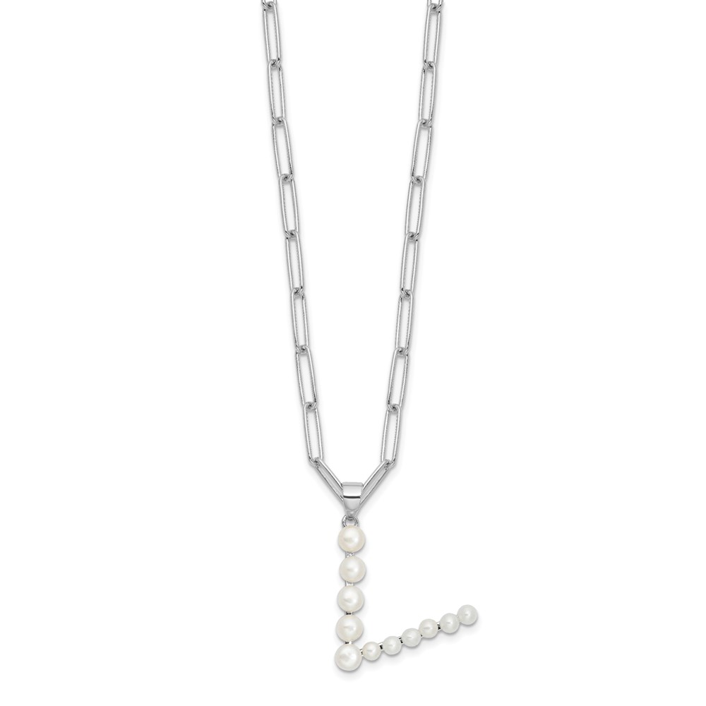 Sterling Silver Rhodium-plated 3-5.5mm White Button Freshwater Cultured Pearl LETTER V 18 inch Necklace (QH5808V-18)