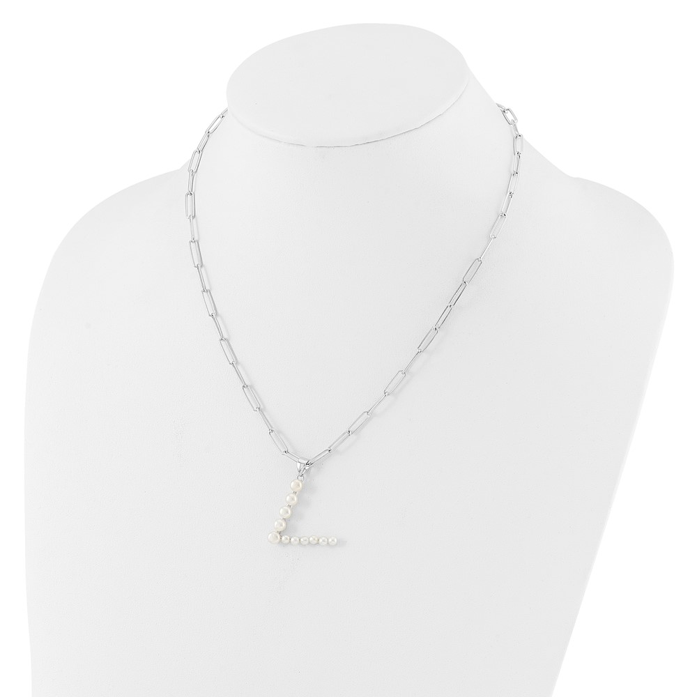 Sterling Silver Rhodium-plated 3-5.5mm White Button Freshwater Cultured Pearl LETTER V 18 inch Necklace (QH5808V-18)