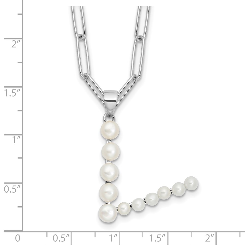 Sterling Silver Rhodium-plated 3-5.5mm White Button Freshwater Cultured Pearl LETTER V 18 inch Necklace (QH5808V-18)