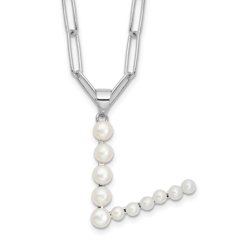 Sterling Silver Rhodium-plated 3-5.5mm White Button Freshwater Cultured Pearl LETTER V 18 inch Necklace (QH5808V-18)