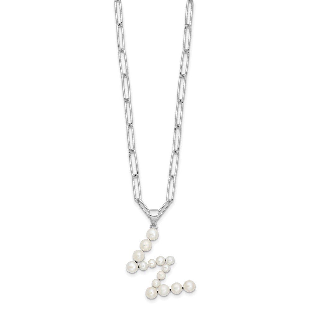 Sterling Silver Rhodium-plated 3-5.5mm White Button Freshwater Cultured Pearl LETTER W 18 inch Necklace (QH5808W-18)