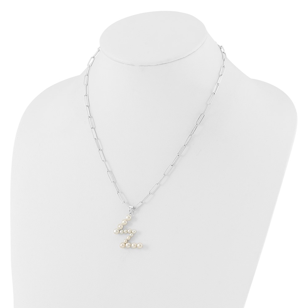 Sterling Silver Rhodium-plated 3-5.5mm White Button Freshwater Cultured Pearl LETTER W 18 inch Necklace (QH5808W-18)