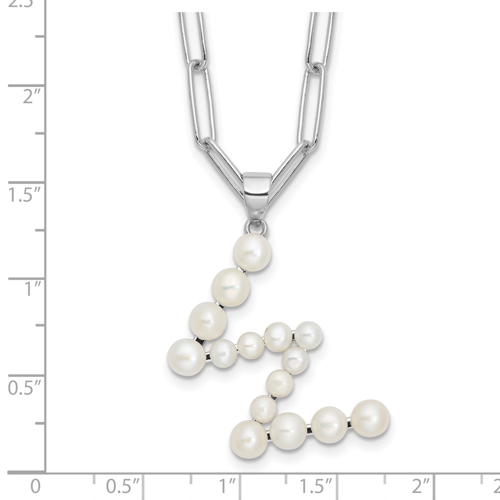 Sterling Silver Rhodium-plated 3-5.5mm White Button Freshwater Cultured Pearl LETTER W 18 inch Necklace (QH5808W-18)