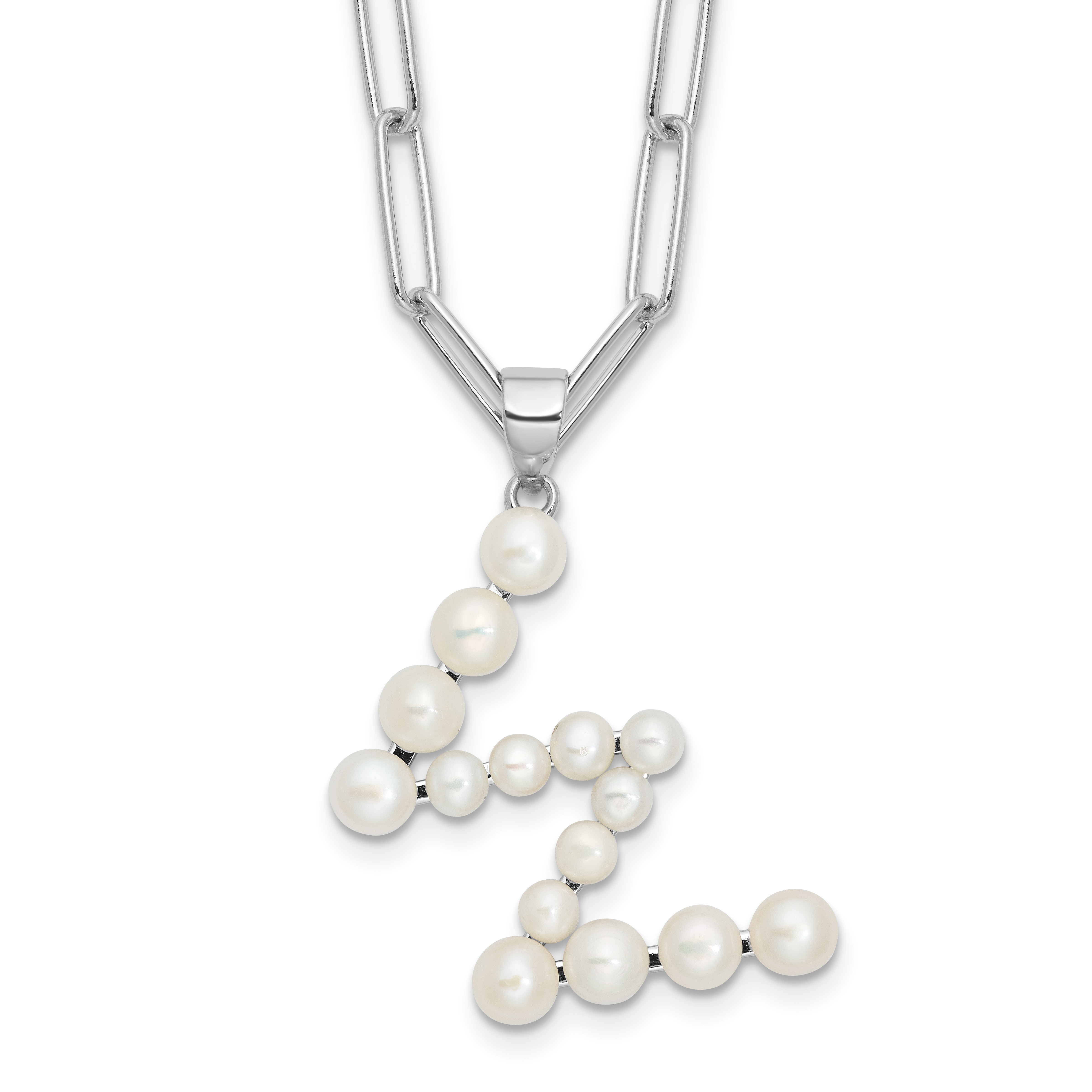 Sterling Silver Rhodium-plated 3-5.5mm White Button Freshwater Cultured Pearl LETTER W 18 inch Necklace (QH5808W-18)
