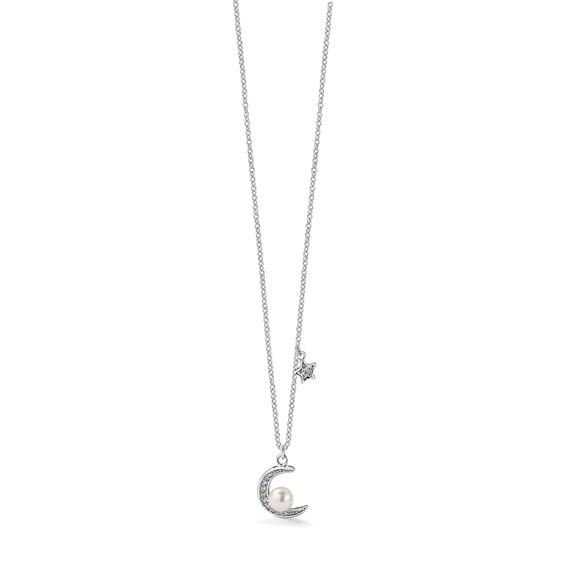Sterling Silver Rhod-plated CZ and FWC Pearl Moon and Star 18in Necklace