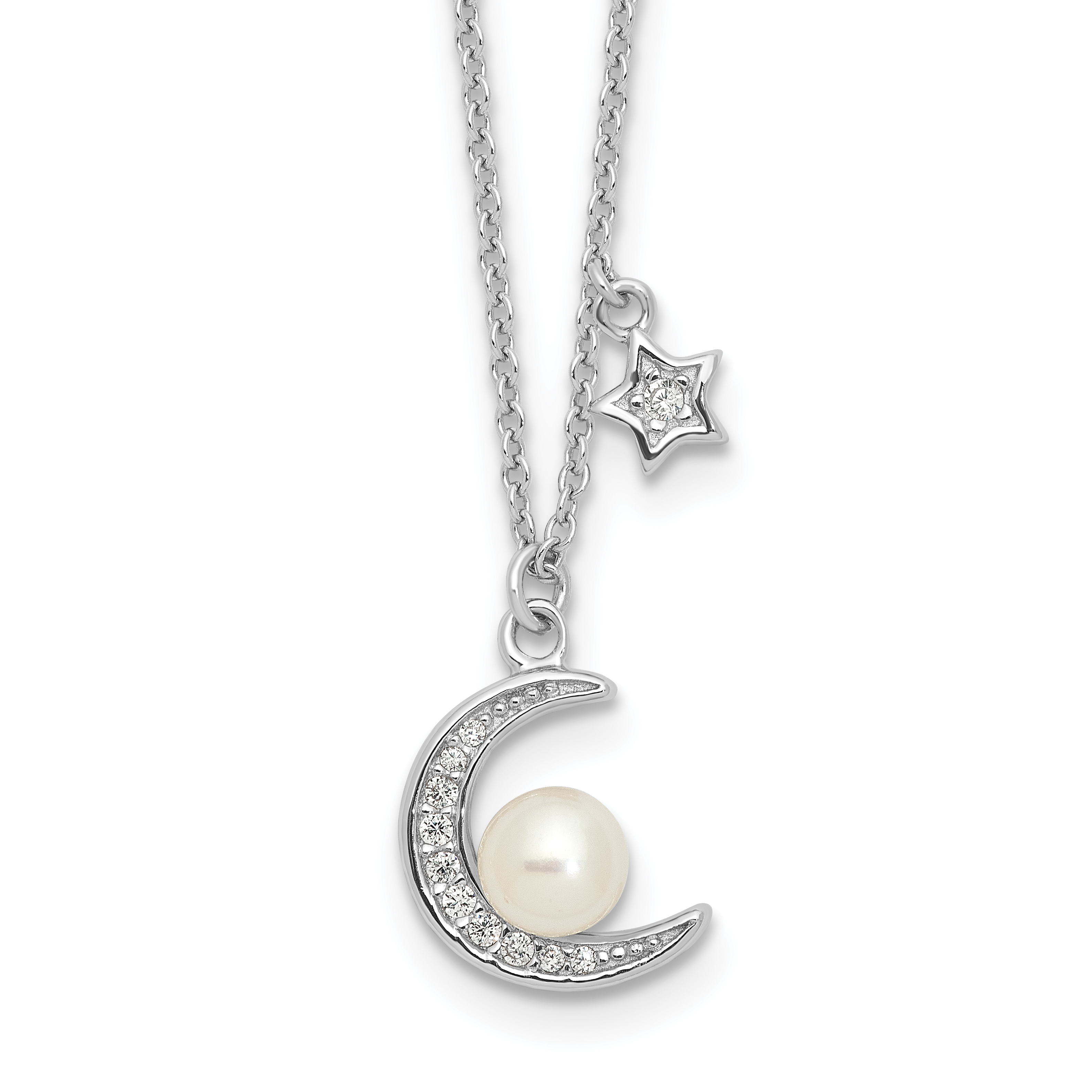 Sterling Silver Rhod-plated CZ and FWC Pearl Moon and Star 18in Necklace (QH5811-18)