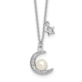 Sterling Silver Rhod-plated CZ and FWC Pearl Moon and Star 18in Necklace