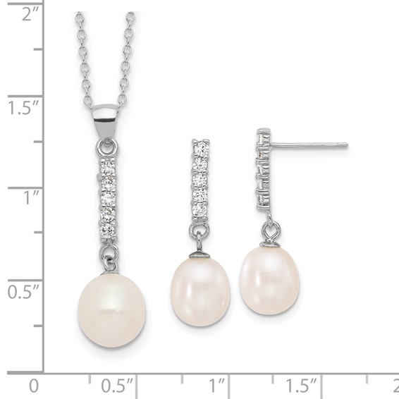 Sterling Silver Rhodium-plated Teardrop Freshwater Cultured Pearl and CZ 17 inch Necklace and Post Earrings Set