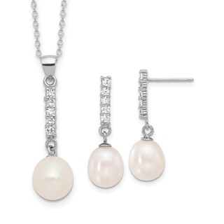 Sterling Silver Rhodium-plated Teardrop Freshwater Cultured Pearl and CZ 17 inch Necklace and Post Earrings Set
