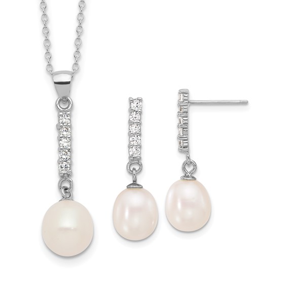 Sterling Silver Rhodium-plated Teardrop Freshwater Cultured Pearl and CZ 17 inch Necklace and Post Earrings Set