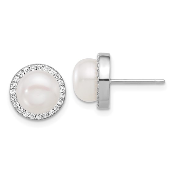 Sterling Silver Rhodium-plated 8-9.5mm White Button Freshwater Cultured Pearl and CZ 17 inch Necklace and Post Earrings Set
