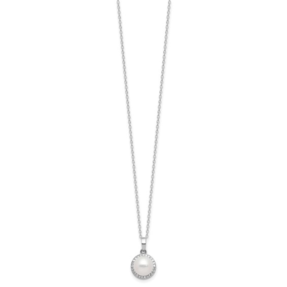 Sterling Silver Rhodium-plated 8-9.5mm White Button Freshwater Cultured Pearl and CZ 17 inch Necklace and Post Earrings Set