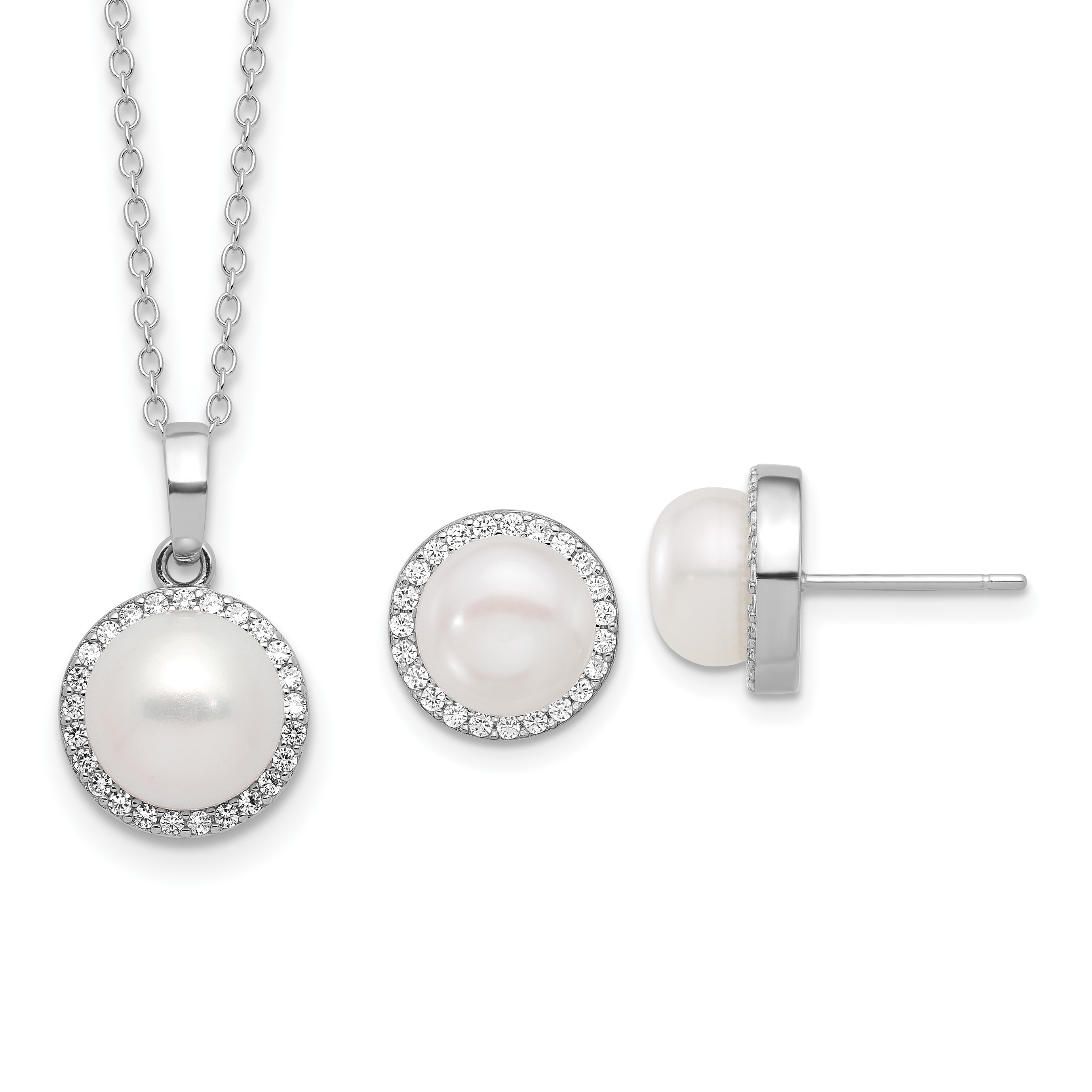 Sterling Silver Rhodium-plated 8-9.5mm White Button Freshwater Cultured Pearl and CZ 17 inch Necklace and Post Earrings Set (QH5814SET)